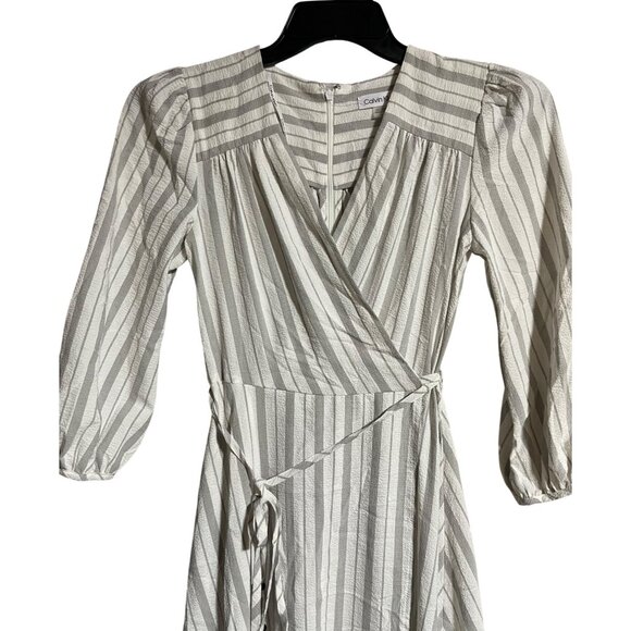 Calvin Klein Womens Striped Midi Faux Wrap Dress Size 2 White Gray Stripes - Picture 4 of 10